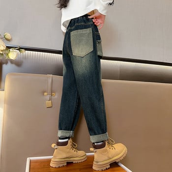 Модни нови дънки за момичета Младежки панталони с еластична талия с джоб 5-14 г
