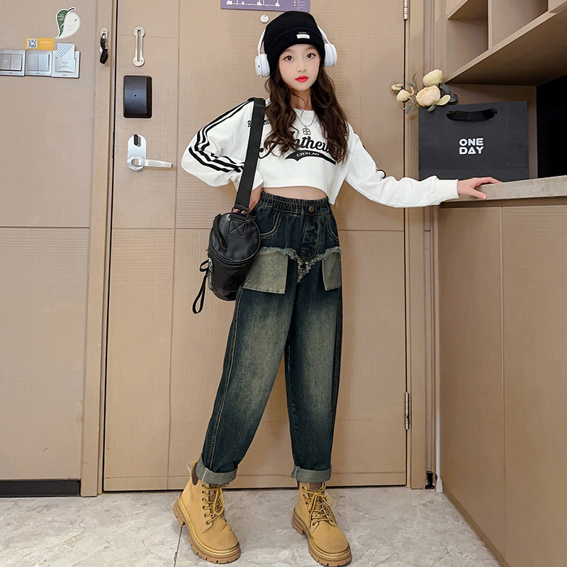 Модни нови дънки за момичета Младежки панталони с еластична талия с джоб 5-14 г