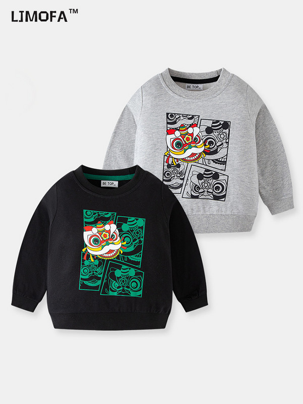 LJMOFA Kids Hoodie Креативен дизайн Детски дрехи Есен Китайски лъвски танц Бебешки пуловер Cool Casual Boy Streetwear Горнища D177