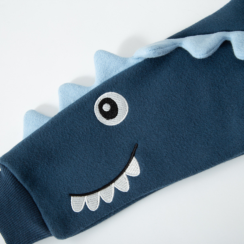 TUONXYE Суичъри с дълъг ръкав плюс кадифе с анимационен 3D динозавър Цветен контрастен джоб Мек памучен детски горни дрехи