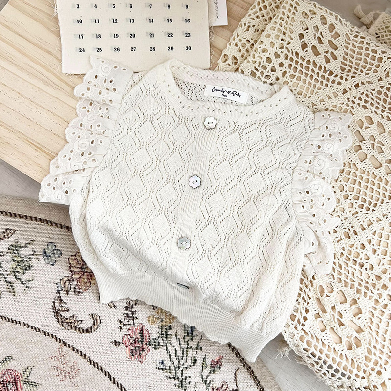 deer jonmi 2022 летни плетени жилетки за новородени бебета Едноцветни дантелени издълбани горнища без ръкави за малки деца Жилетки за момичета