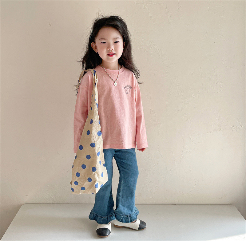 Пролетни момичешки едноцветни дънкови клоширани панталони Детски ежедневни универсални дънки