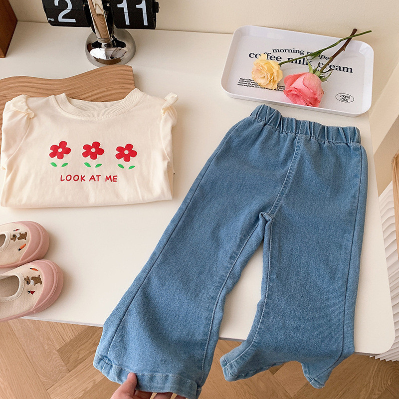 Пролетни Детски панталони с камбанка Детски едноцветни дънкови панталони Ежедневни панталони за момичета Разширени панталони