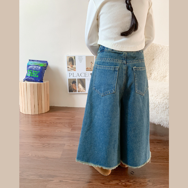 Есенни широки дънки за момичета с необработен ръб, модни детски ежедневни широки панталони с широки крачоли