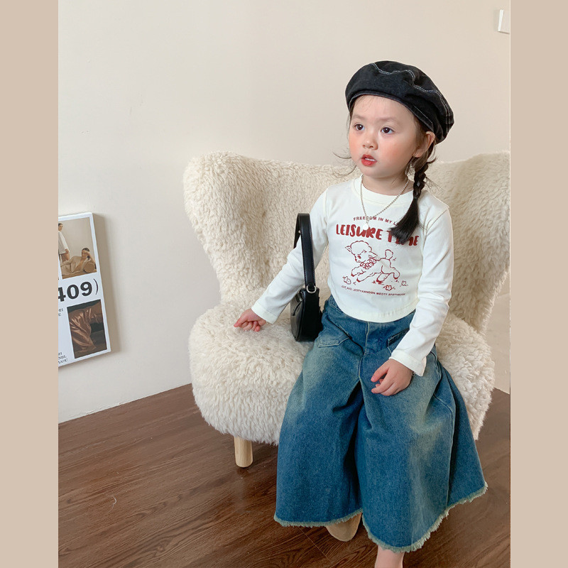 Есенни широки дънки за момичета с необработен ръб, модни детски ежедневни широки панталони с широки крачоли