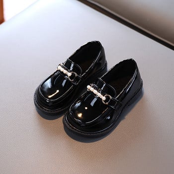 Кожени обувки за момичета за училищно парти Сватба Детски черни мокасини Детски равни обувки Модни британски перли с мъниста Нови обувки за момичета