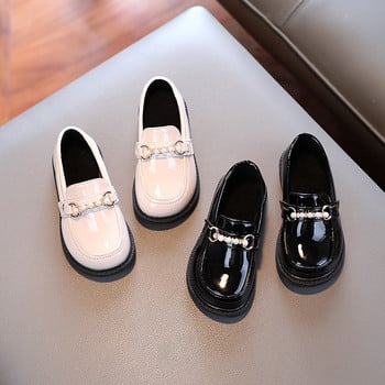 Δερμάτινο παπούτσι για κορίτσια για σχολικό πάρτι Παιδικά μαύρα μοκασίνια slip-on Παιδικά φλατ Μόδα British Pearls Beading Νέα παπούτσια για κορίτσια