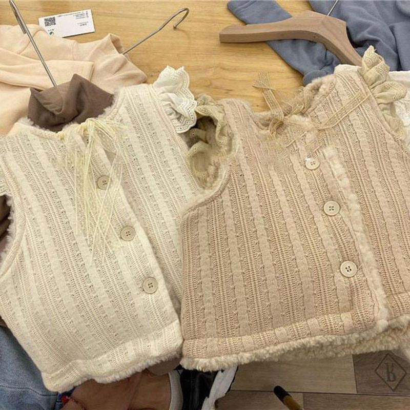 Zimski topli kaput za djevojčice, dječji prsluk od janjećeg krzna s plišem i debljinom za nošenje s obje strane, jesenski gornji dio, dječja odjeća za djevojčice