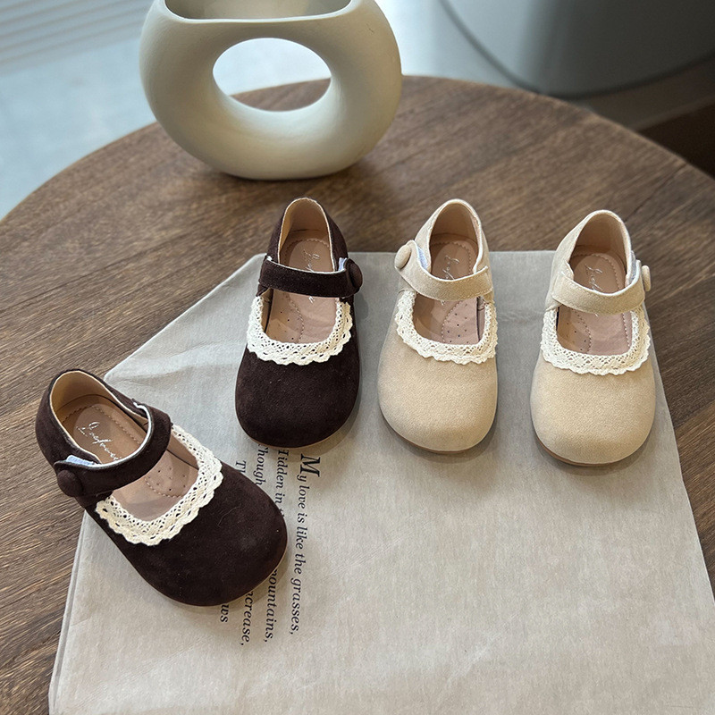 Cipele za djevojčice Jesen 2023. Retro Čipkane Dječje mokasine Antilop Koža Princess Ležerne ravne cipele S okruglim prstima Meki donji dio Dječje cipele 여아구두