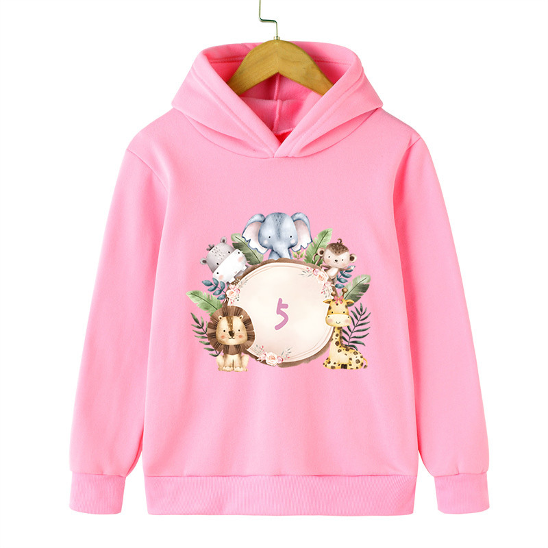 Dječja odjeća s grafikom divljih životinja, majica s kapuljačom za rođendansku proslavu za djevojčice, majica s kapuljačom s crtanim lavom, rođendanski broj 1-9, dječji pulover