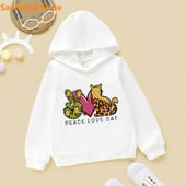 Cute Kids Hoodie Peace Love Cat/Dog/Flamingo Animal Print Φούτερ για κορίτσια για αγόρια Λευκή κουκούλα Plus Velvet Fleece πουλόβερ 3-16Y