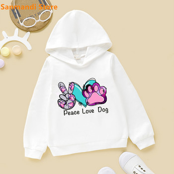 Cute Kids Hoodie Peace Love Cat/Dog/Flamingo Animal Print Φούτερ για κορίτσια για αγόρια Λευκή κουκούλα Plus Velvet Fleece πουλόβερ 3-16Y