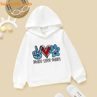 Cute Kids Hoodie Peace Love Cat/Dog/Flamingo Animal Print Φούτερ για κορίτσια για αγόρια Λευκή κουκούλα Plus Velvet Fleece πουλόβερ 3-16Y