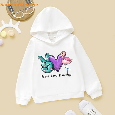 Cute Kids Hoodie Peace Love Cat/Dog/Flamingo Animal Print Φούτερ για κορίτσια για αγόρια Λευκή κουκούλα Plus Velvet Fleece πουλόβερ 3-16Y