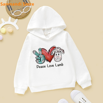 Cute Kids Hoodie Peace Love Cat/Dog/Flamingo Animal Print Φούτερ για κορίτσια για αγόρια Λευκή κουκούλα Plus Velvet Fleece πουλόβερ 3-16Y