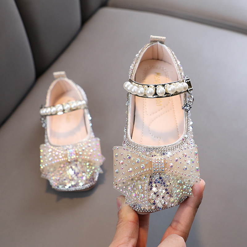 Šljokice Bling Mašna Cipele za djevojčice Princess Nove cipele za svadbene nastupe Proljeće Jesen Nove ravne cipele H992
