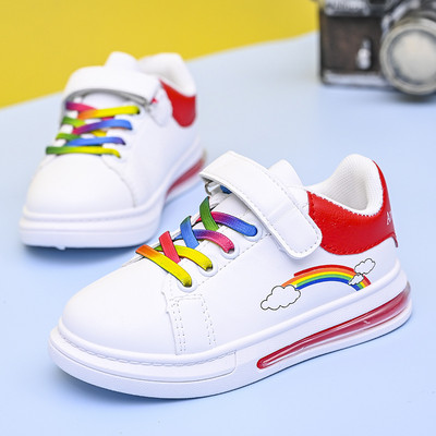 Pu Leather with Air Cushion Sole Hook-loop Autunm Sneakers 2022 Kids Fashion Sneakers Rainbow Colorful Girls White Casual Shoes