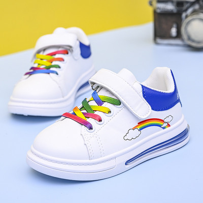Pu Leather with Air Cushion Sole Hook-loop Autunm Sneakers 2022 Kids Fashion Sneakers Rainbow Colorful Girls White Casual Shoes