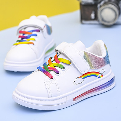 Pu Leather with Air Cushion Sole Hook-loop Autunm Sneakers 2022 Kids Fashion Sneakers Rainbow Colorful Girls White Casual Shoes