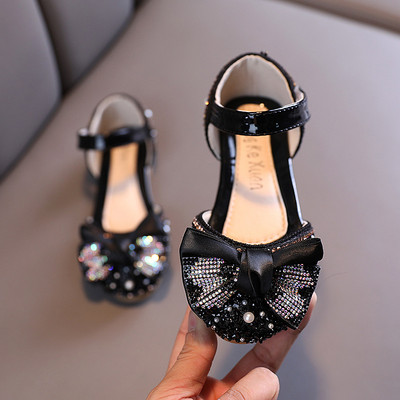 2024 Νέα παιδικά δερμάτινα παπούτσια Rhinestone Bow Princess Girls Party Dance Shoes Baby Student Flats Παιδικά παπούτσια Performance