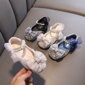 Ανοιξιάτικα Παιδικά Glitter Pearl Flat Princess Παπούτσια για κορίτσια Δαντέλα Φιόγκος Γαμήλια Δερμάτινα Παπούτσια Παιδικά Παπούτσια χορού με μαλακό κάτω μέρος
