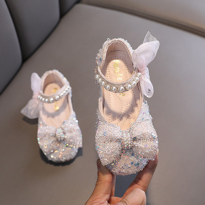 Ανοιξιάτικα Παιδικά Glitter Pearl Flat Princess Παπούτσια για κορίτσια Δαντέλα Φιόγκος Γαμήλια Δερμάτινα Παπούτσια Παιδικά Παπούτσια χορού με μαλακό κάτω μέρος