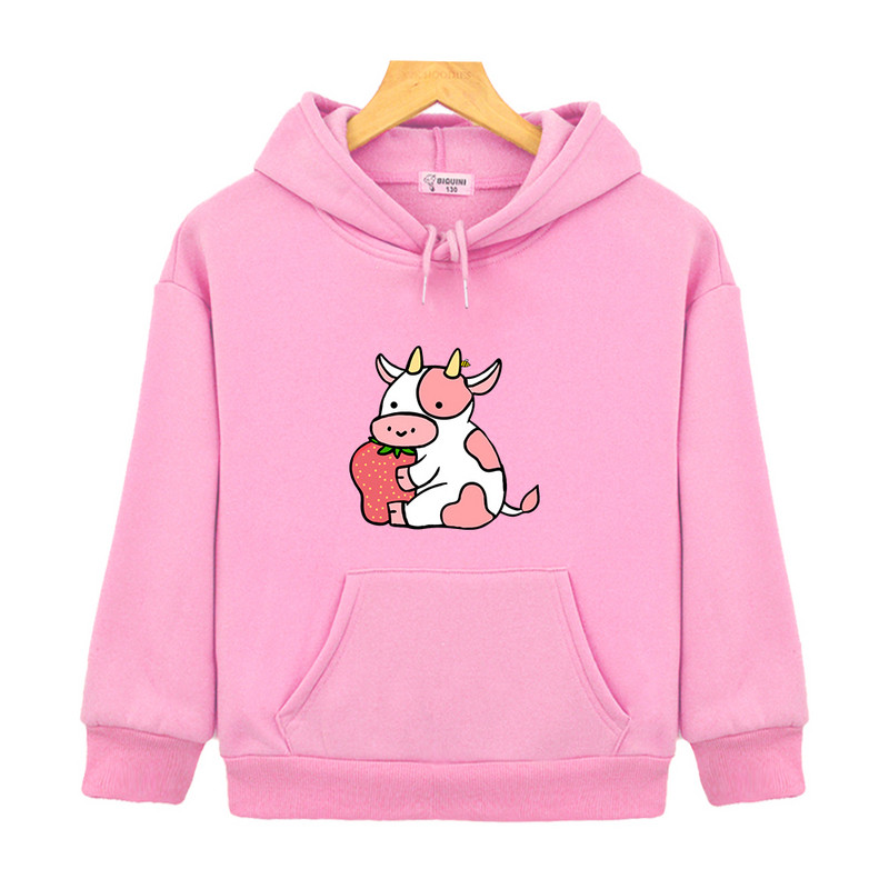 Dječje majice s kravljim kapuljačom Kawaii s printom jagoda i krava Top pulover za dječake Estetska odjeća za djevojčice za malu djecu