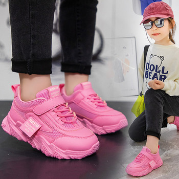 Пролетни нови детски маратонки 2023 г. PU момичета Ежедневни мрежести едноцветни розови светло момчета бели кука и примка детски неплъзгащи се спортни обувки модни