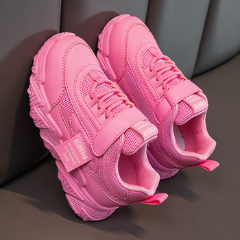 Пролетни нови детски маратонки 2023 г. PU момичета Ежедневни мрежести едноцветни розови светло момчета бели кука и примка детски неплъзгащи се спортни обувки модни