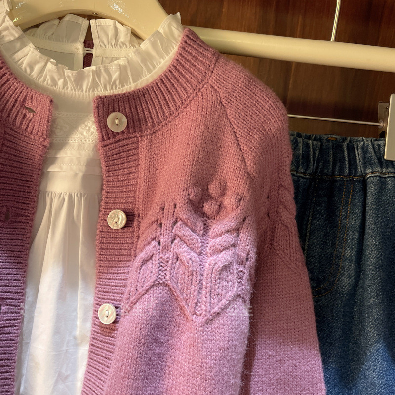 Jesenski ljubičasti kardigan kaput za djevojčice Dječji pulover Proljetno pleteno jacquard pletivo za novorođenčad Odjeća za djevojčice dugih rukava