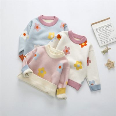 2023 Плетени пуловери с цветя Есен Зима Детски Детски дрехи за бебета и момичета Удебелен пуловер Детски пуловер с дълъг ръкав