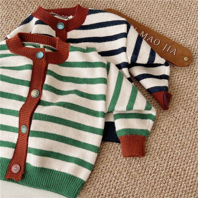 Dječji pleteni kardigan za djevojčice jesen 2023. Novi dječji gornji dio s kontrastnim prugama Dječji pleteni džemper kaput Zimska odjeća za djevojčice