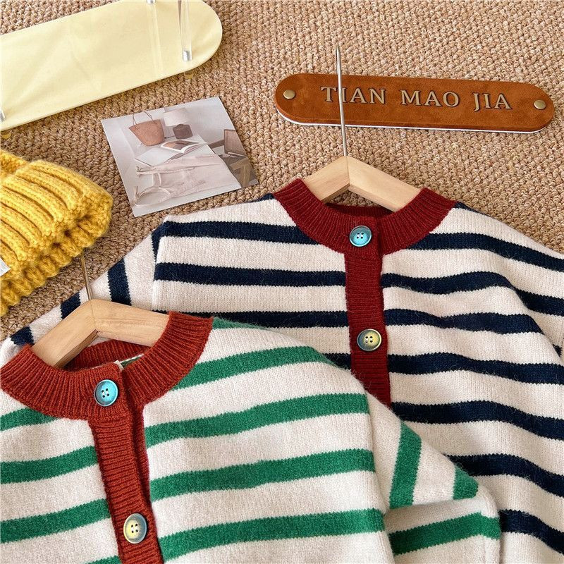 Dječji pleteni kardigan za djevojčice jesen 2023. Novi dječji gornji dio s kontrastnim prugama Dječji pleteni džemper kaput Zimska odjeća za djevojčice