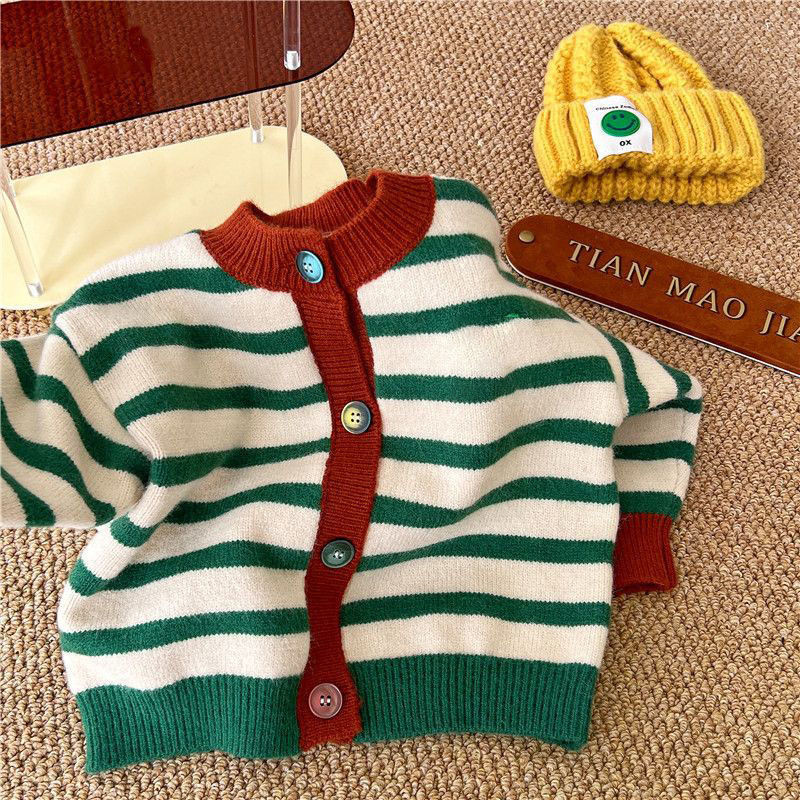 Dječji pleteni kardigan za djevojčice jesen 2023. Novi dječji gornji dio s kontrastnim prugama Dječji pleteni džemper kaput Zimska odjeća za djevojčice