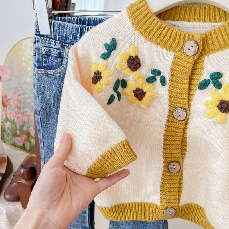 Dječji kardigani Džemperi Odjeća za djevojčice Vez suncokreta sa suncokretima Džemperi Dječja odjeća Pleteni dječji puloveri