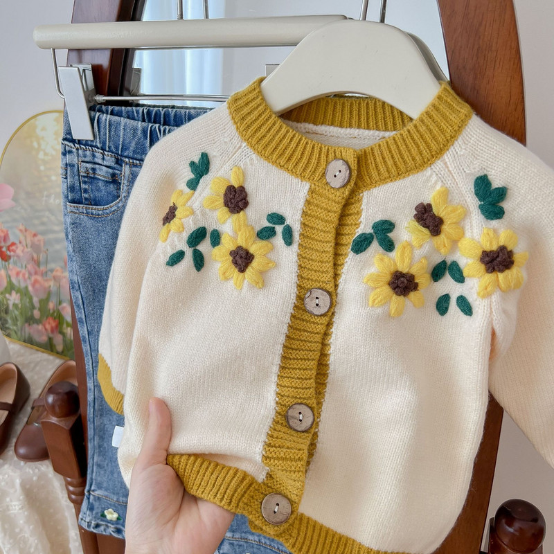 Dječji kardigani Džemperi Odjeća za djevojčice Vez suncokreta sa suncokretima Džemperi Dječja odjeća Pleteni dječji puloveri