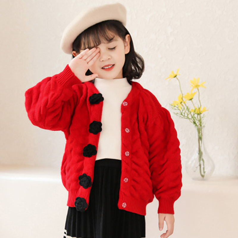 Proljetni i jesenski pulover za djevojčice Pletena odjeća Dječja odjeća Kardigan 2022. Novi kaput s balon rukavima za djevojčice Ručno izrađen pulover od ruža