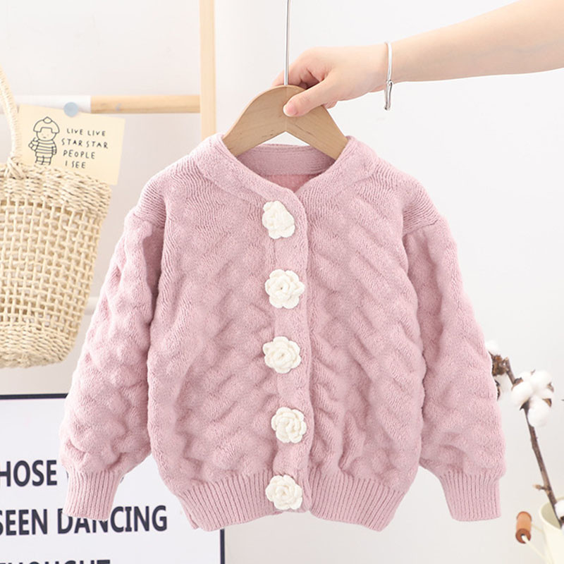 Proljetni i jesenski pulover za djevojčice Pletena odjeća Dječja odjeća Kardigan 2022. Novi kaput s balon rukavima za djevojčice Ručno izrađen pulover od ruža