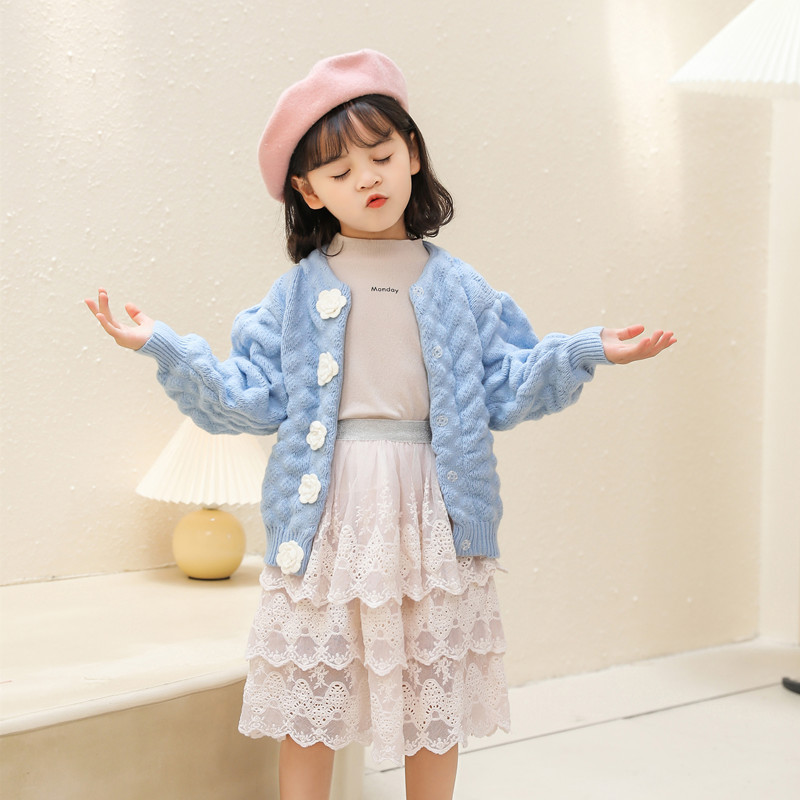 Proljetni i jesenski pulover za djevojčice Pletena odjeća Dječja odjeća Kardigan 2022. Novi kaput s balon rukavima za djevojčice Ručno izrađen pulover od ruža