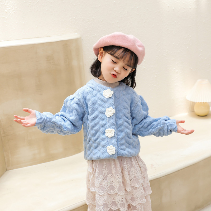 Proljetni i jesenski pulover za djevojčice Pletena odjeća Dječja odjeća Kardigan 2022. Novi kaput s balon rukavima za djevojčice Ručno izrađen pulover od ruža