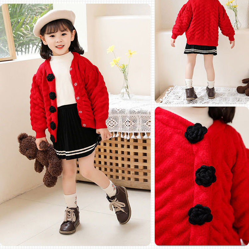 Proljetni i jesenski pulover za djevojčice Pletena odjeća Dječja odjeća Kardigan 2022. Novi kaput s balon rukavima za djevojčice Ručno izrađen pulover od ruža