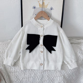 Primăvară Toamnă Fete Stil coreean Nod cu fundă Cardigan Top Haine cu un singur piept Decorat cu fundă mare neagră Jachetă de tricou casual