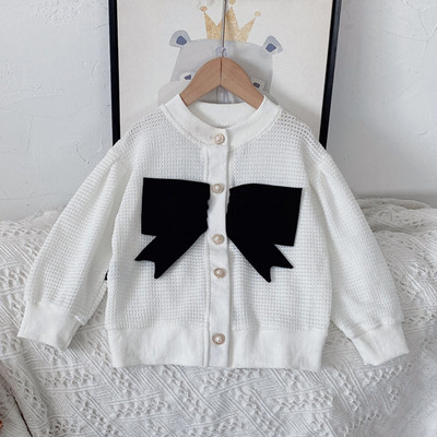 Primăvară Toamnă Fete Stil coreean Nod cu fundă Cardigan Top Haine cu un singur piept Decorat cu fundă mare neagră Jachetă de tricou casual