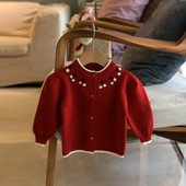 Jesen 2023, novi džemper za djevojčice, trešnja, džemper s okruglim izrezom, pletenina s jednim kopčanjem, dječja jakna, gornji zimski kaput