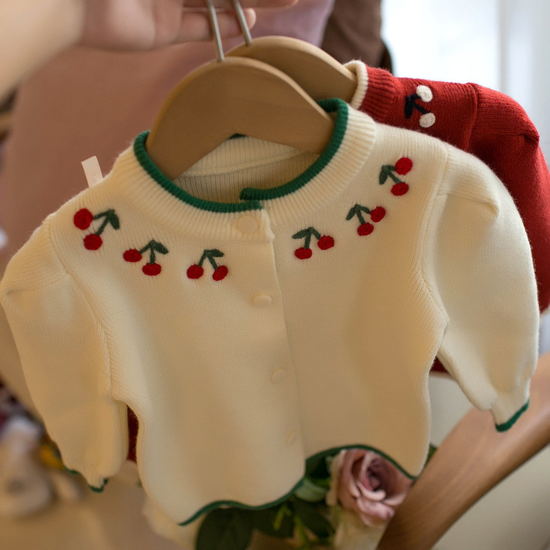 Jesen 2023, novi džemper za djevojčice, trešnja, džemper s okruglim izrezom, pletenina s jednim kopčanjem, dječja jakna, gornji zimski kaput