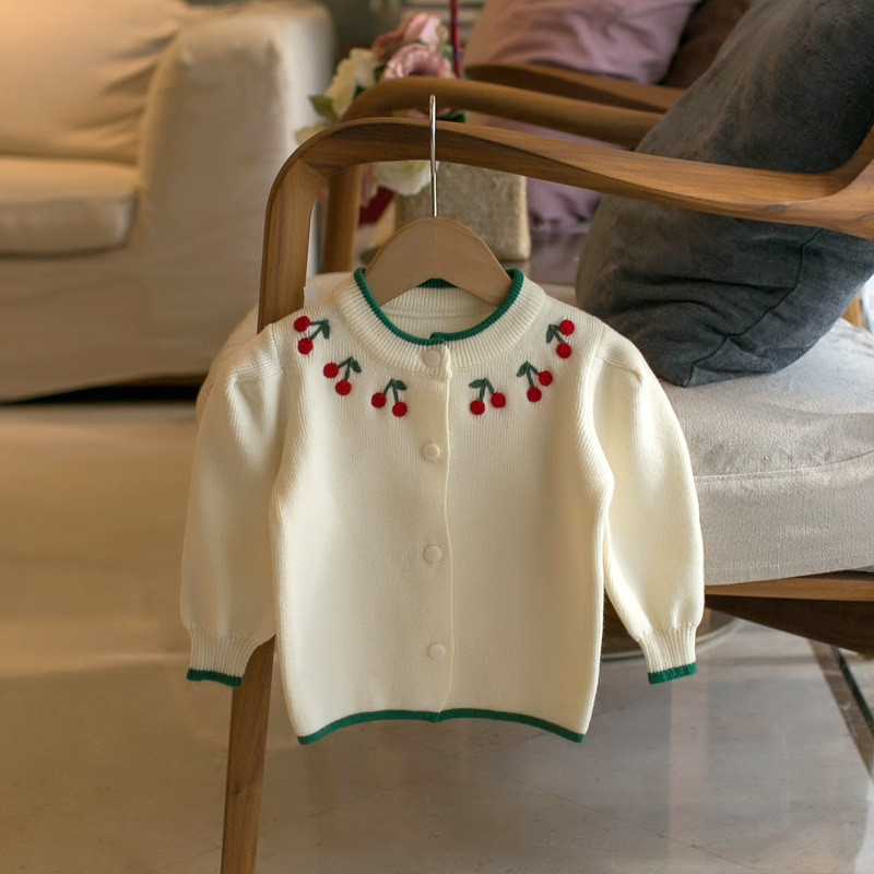 Jesen 2023, novi džemper za djevojčice, trešnja, džemper s okruglim izrezom, pletenina s jednim kopčanjem, dječja jakna, gornji zimski kaput