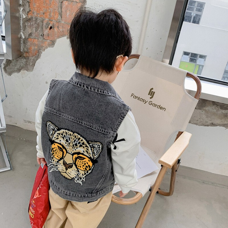 Kaubojski prsluk za dječake Proljetni i jesenski kaput za dječake bez rukava, ležeran na preklop, jesenski kaput s leopardovim uzorkom