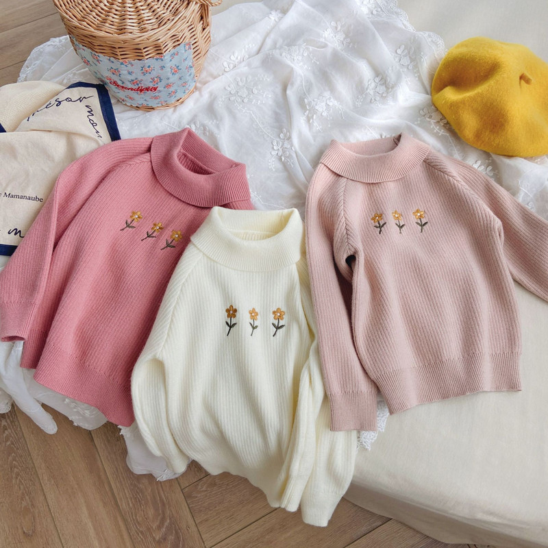 2-8T Dječji džemper za djevojčice Elegantna zimska odjeća Pletena dolčevita majica s dugim rukavima Rastezljivo dječje pletivo