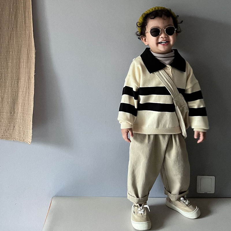 Jesenska odjeća za dječake i djevojčice Dječji pulover Pleteni pulover s preklopom za malu djecu Labava ležerna pletenina Dugi rukavi Pamučni pulover