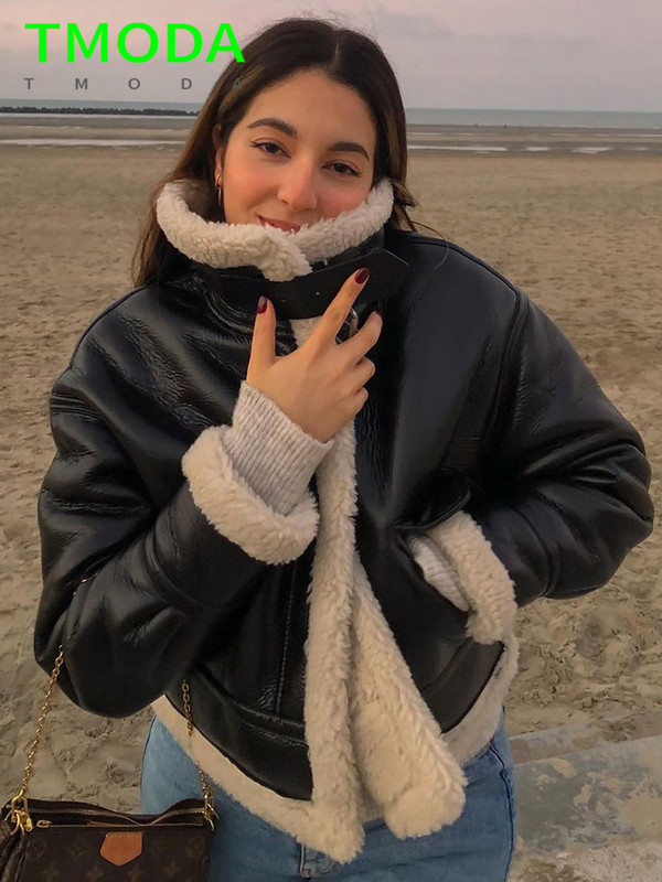 T MODA Ženska modna debela topla jakna od šikara od umjetne kože Vintage kaput dugih rukava s preklopnim džepom Ženska gornja odjeća Chic Topovi